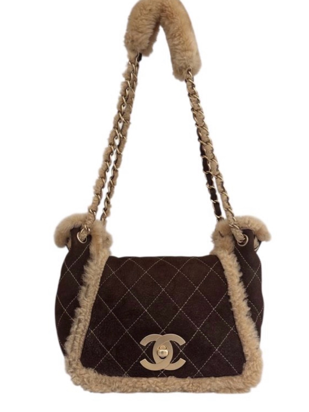 CHANEL Brown Quilted Shearling-Trim Shoulder Bag with Gold CC